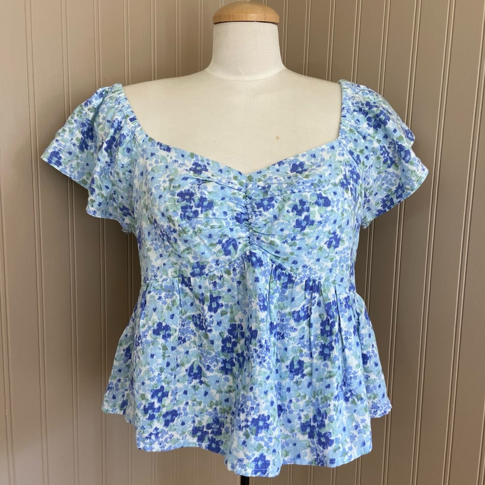 Midnight Sky Cotten/Linen/Rayon Blend Floral Cropped Blouse Size XL
